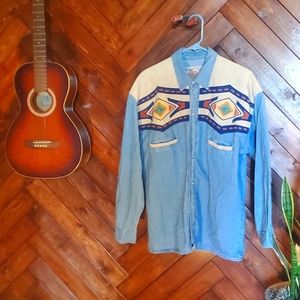 Vintage Denim with embroidered leather western shirt by River Gold Strip 1976 M